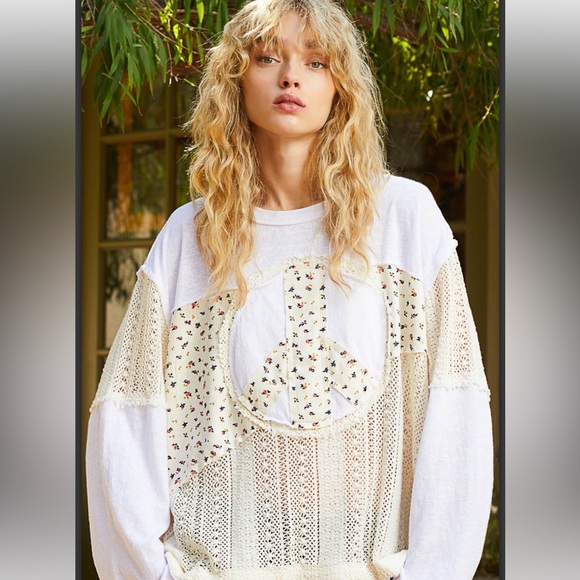 POL Tops - P338–(🚨 CLOSEOUT PRICE FIRM) PEACE PATCHWORK FLORAL LACE CROCHET
